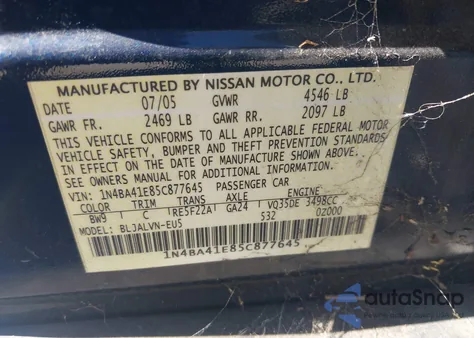 2005 Nissan Maxima 3.5 Sl from USA, damaged, VIN 1N4BA41E85C877645